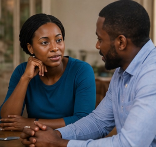 An African couple in attentive conversation